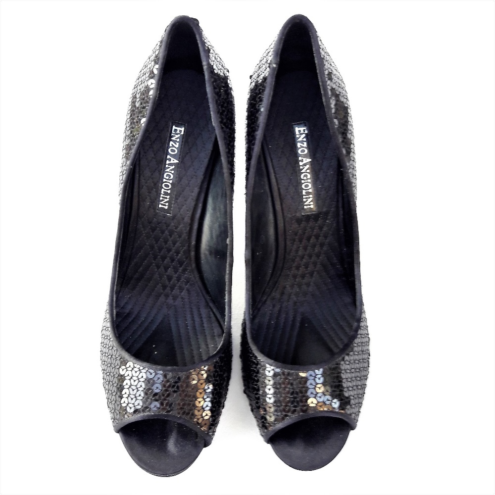 Enzo Angiolini Black Reflective Sequin Peep Toe Heels Leather 9.5 - Picture 4 of 5